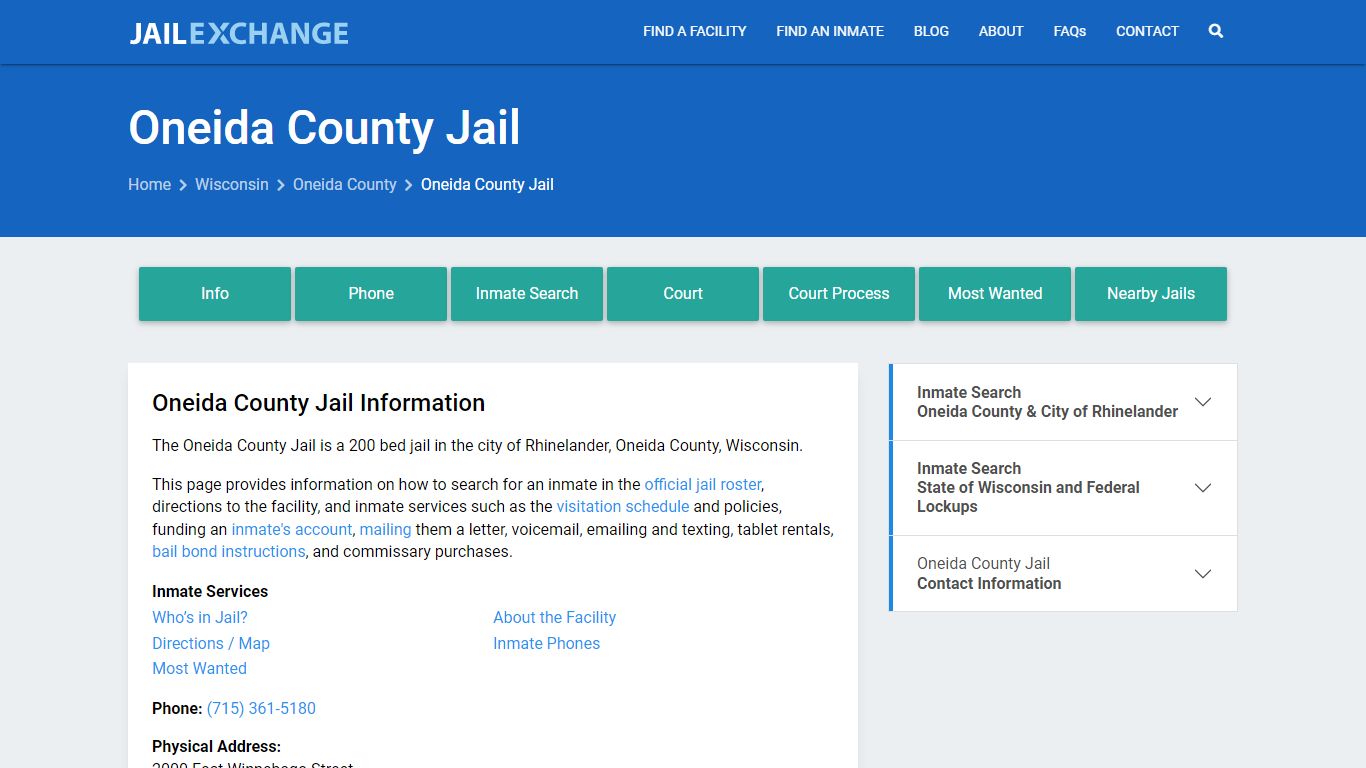 Oneida County Jail, WI Inmate Search, Information